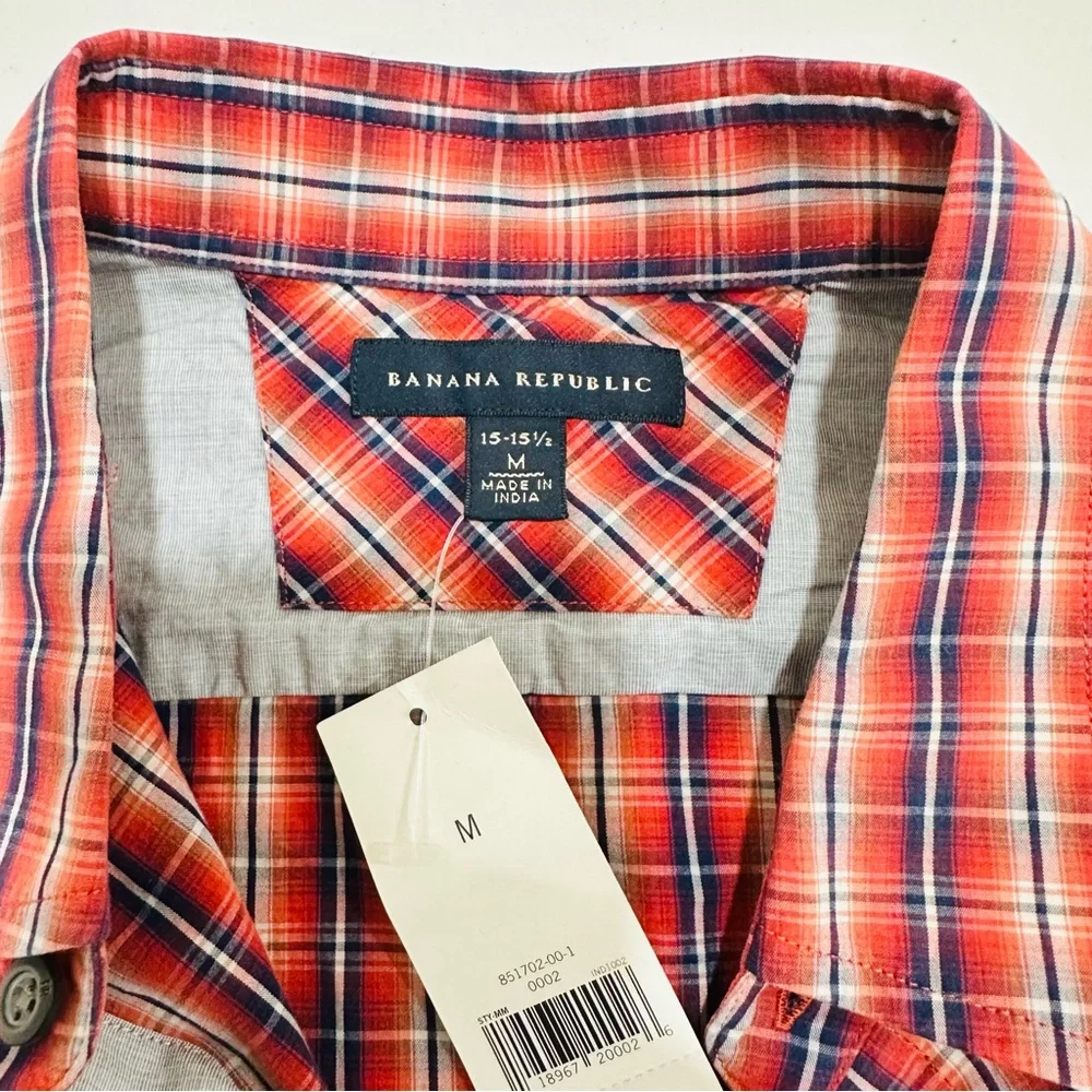 Banana Republic Shirt Mens 15-15.5 M Red Blue Plaid Long Sleeve Button Up Cotton
